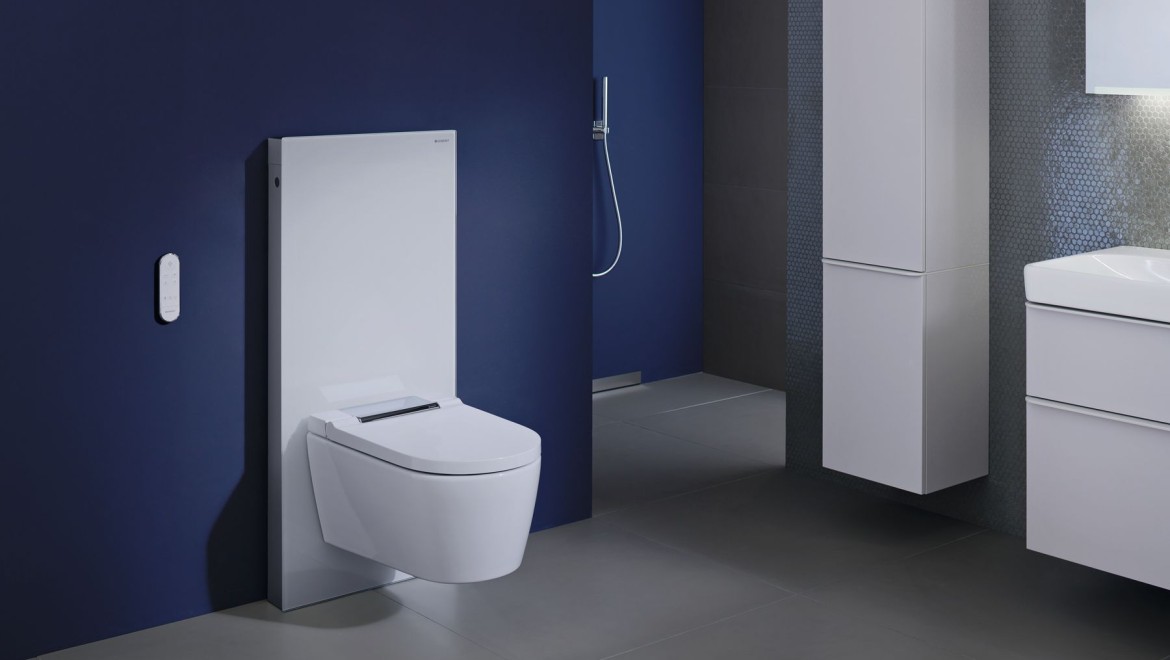 Geberit AquaClean Sela shower toilet with Geberit Monolith in a blue bathroom