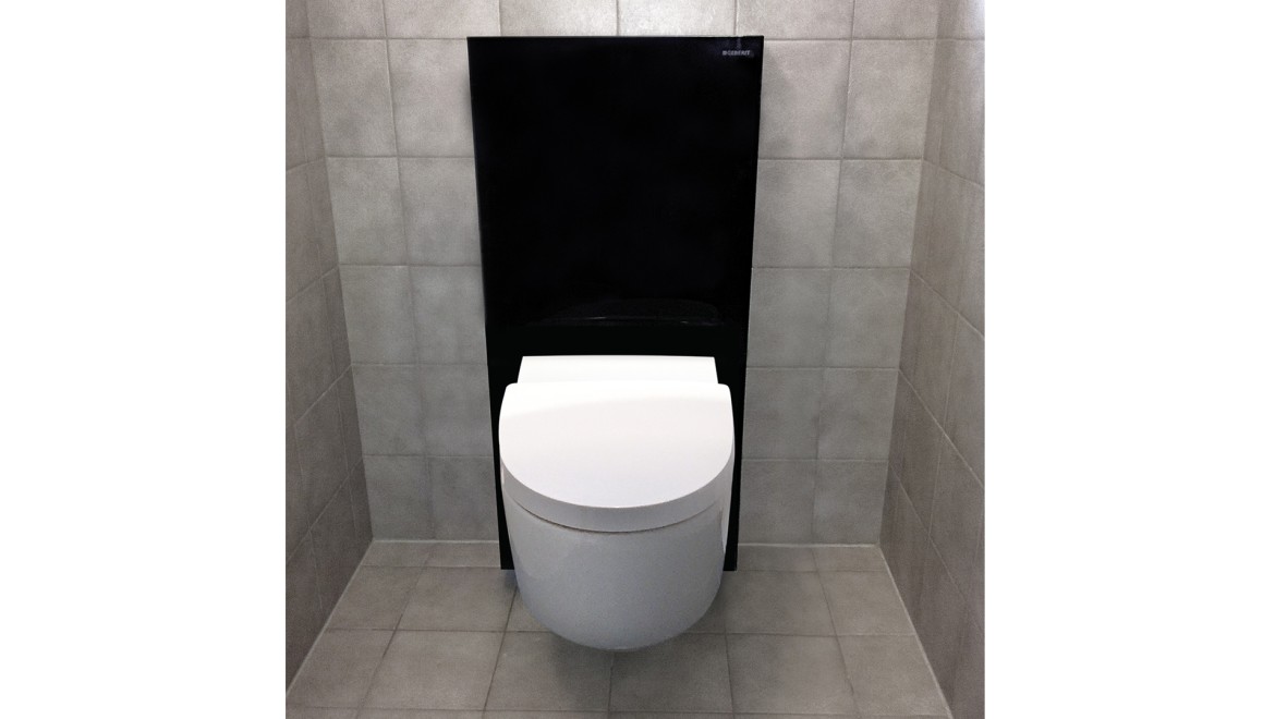 Bathroom after renovation with Geberit AquaClean shower toilet and Geberit Monolith